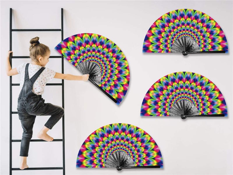 Zolee Large Rave Clack Fan for Line Dancing - Boots on The Ground Popping Folding Hand Fan - for EDM, Music Festival, Hot Flashes, Event, Party, Dance, Decorations, Gift (Trippy Checkered) - Image 4